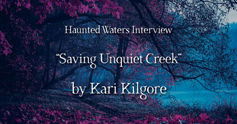 Haunted Waters Interview: &ldquo;Saving Unquiet Creek&rdquo; by Kari Kilgore. A dark, moody forest scene in deep blues and purples, with gnarled tree branches framing a misty clearing and pink-magenta foliage in the foreground.