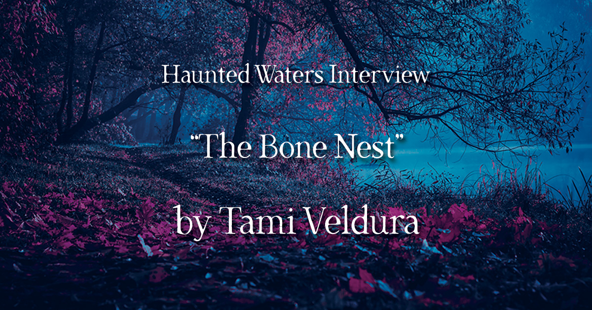 Haunted Waters Interview: &ldquo;The Bone Nest&rdquo; by Tami Veldura. A dark, moody forest scene in deep blues and purples, with gnarled tree branches framing a misty clearing and pink-magenta foliage in the foreground.