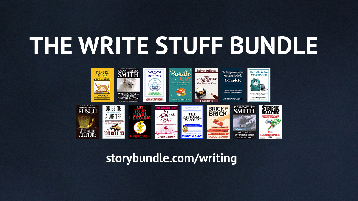 The Write Stuff Bundle: 15 exclusive books on writing and publishing, available at storybundle.com/writing. Cover montage showing all 15 books in the collection.